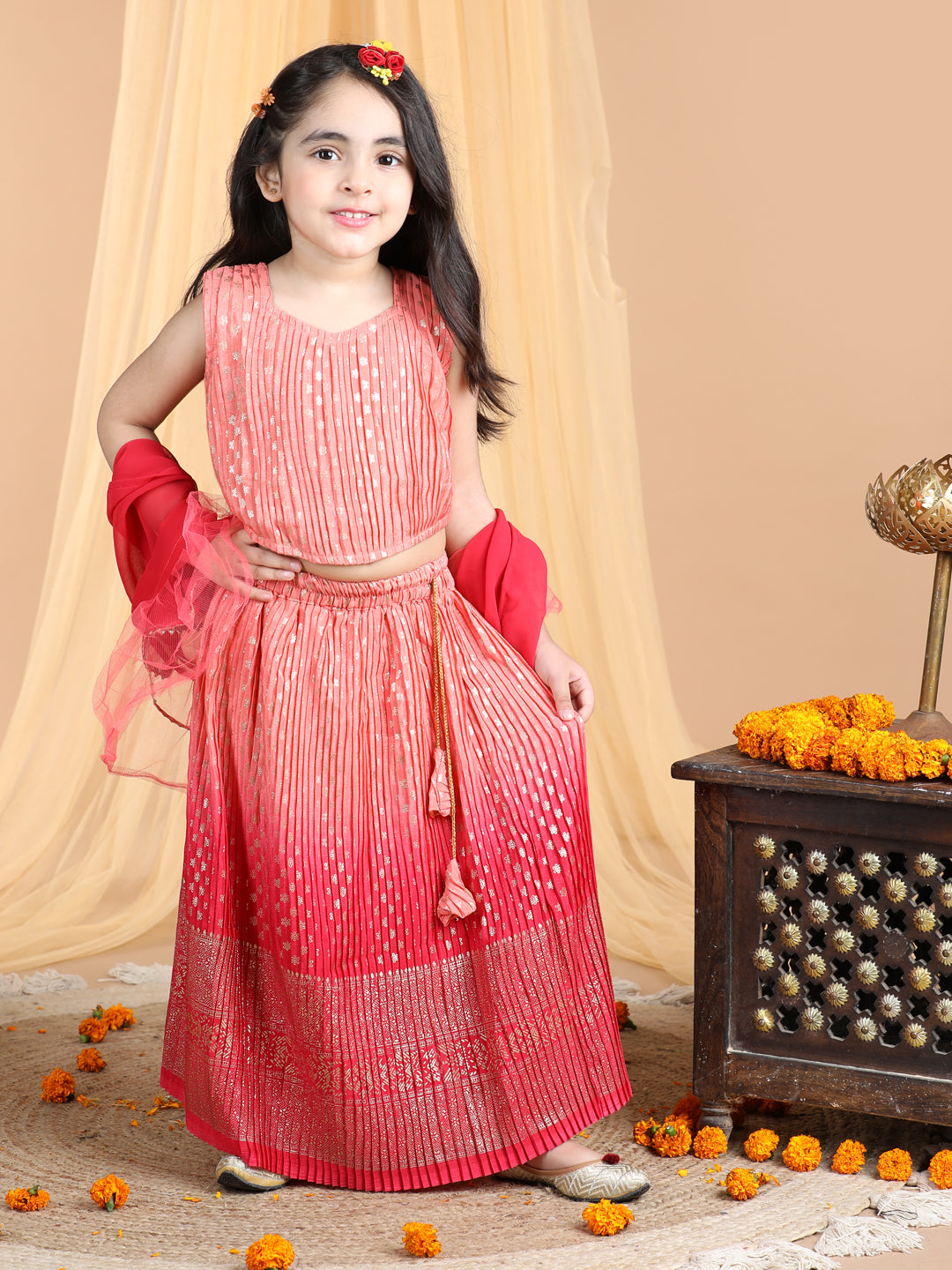 Sleeveless Embroidered Pleated Top And Lehenga