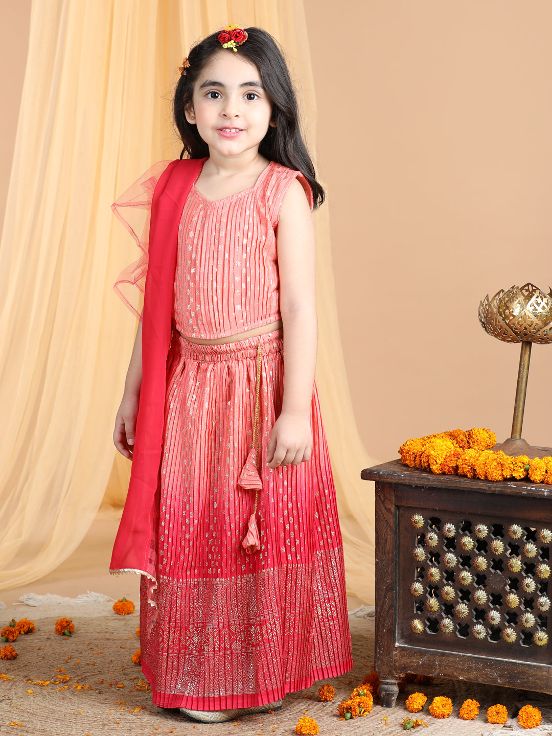 Sleeveless Embroidered Pleated Top And Lehenga