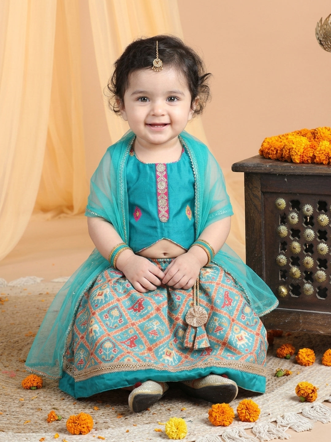 Green Girls Patalo Lehenga with embroidered Choli and Dupatta