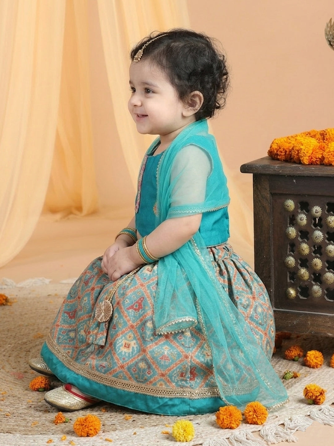 Green Girls Patalo Lehenga with embroidered Choli and Dupatta