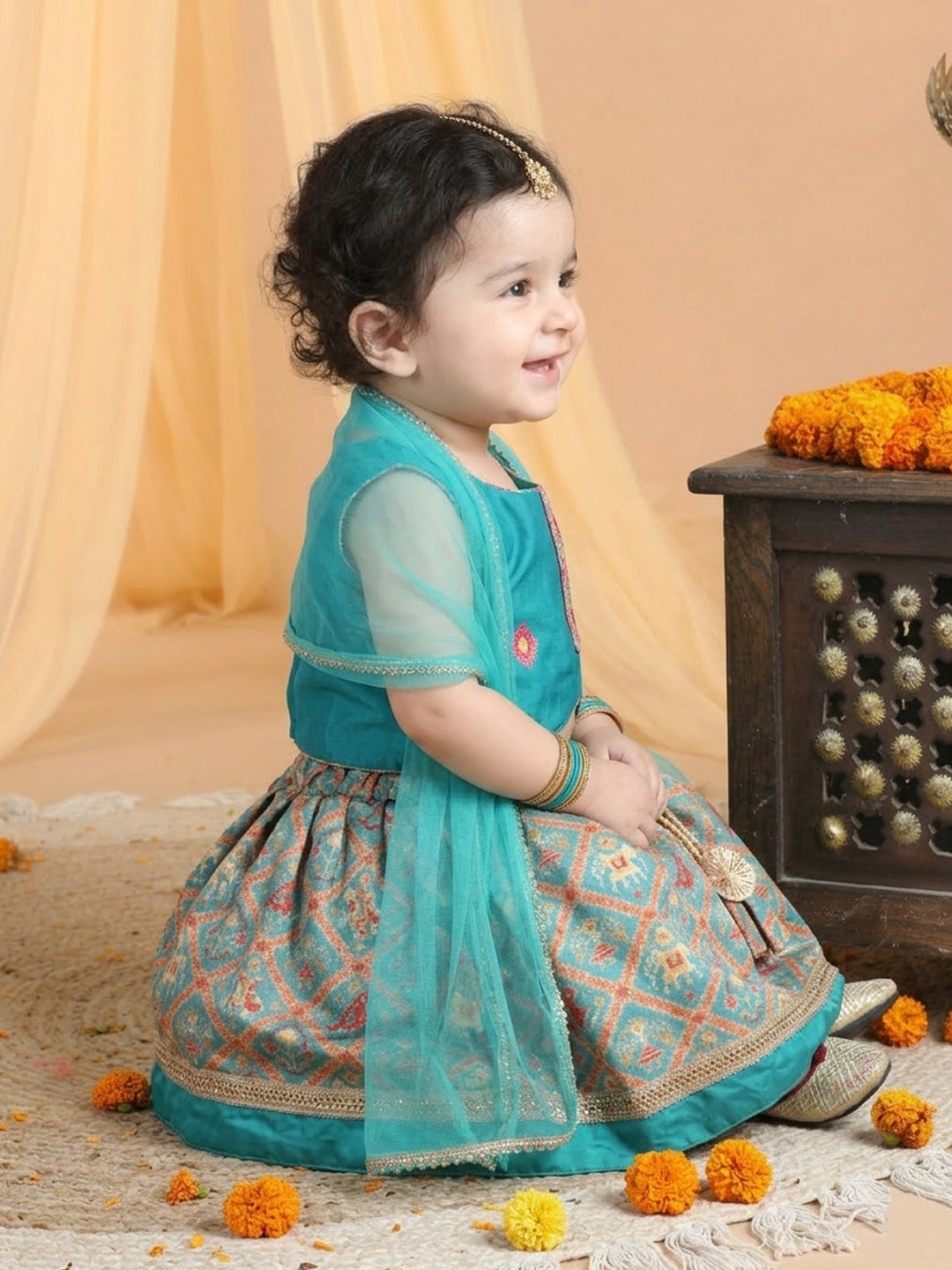 Green Girls Patalo Lehenga with embroidered Choli and Dupatta