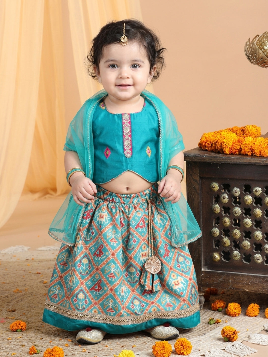 Green Girls Patalo Lehenga with embroidered Choli and Dupatta