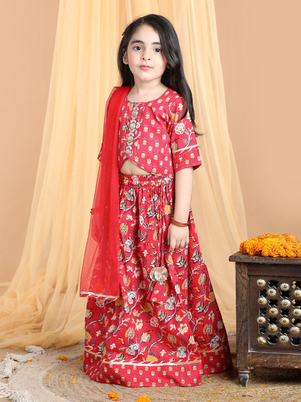 Floral printed Lehenga paired with lace work top and dupatta