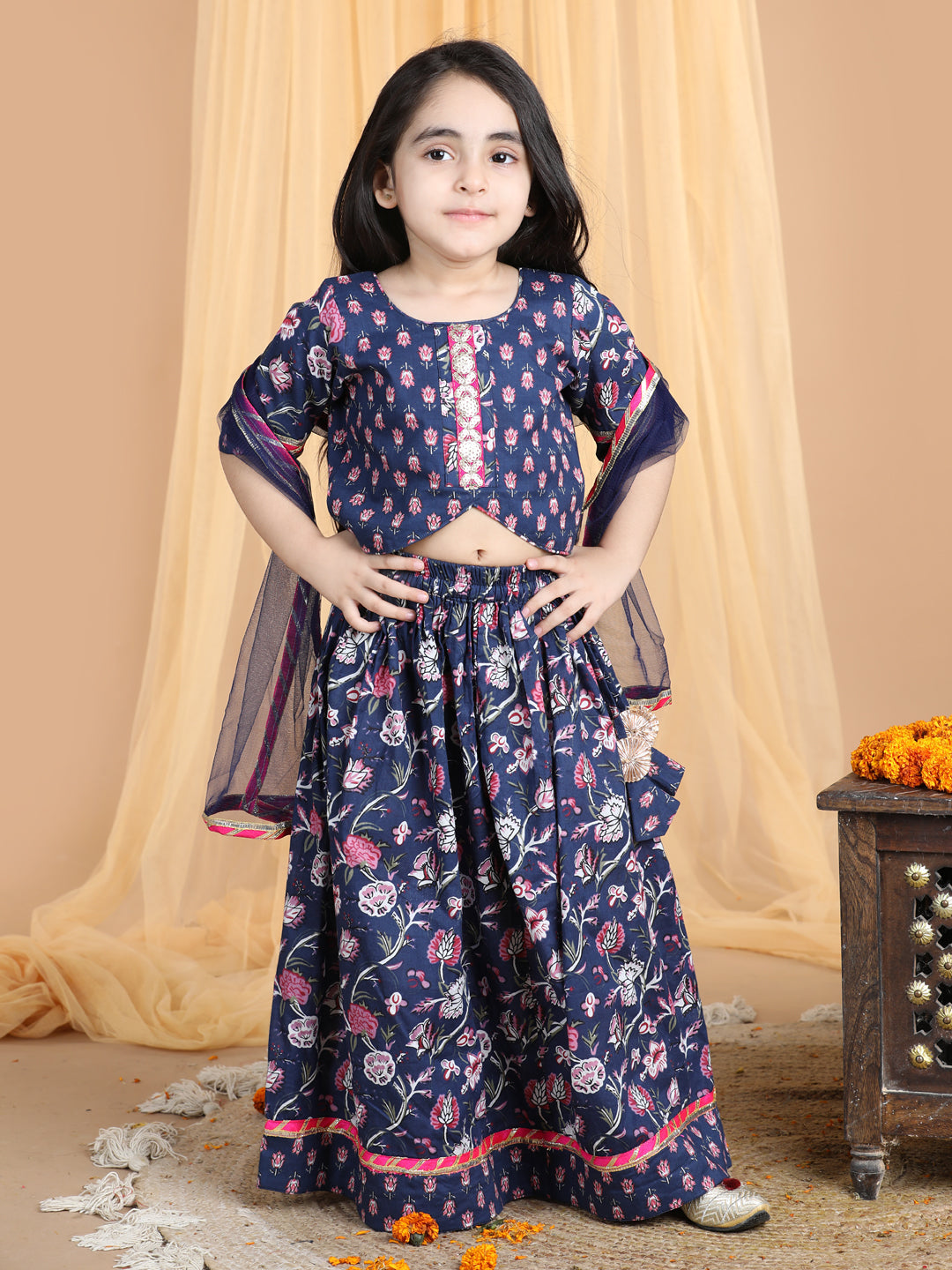 Floral printed Lehenga paired with lace work top and dupatta