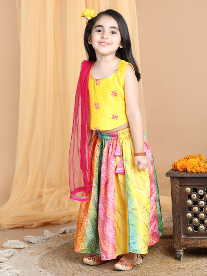 Yellow Top with multi color gold printed lehenga and dupatta