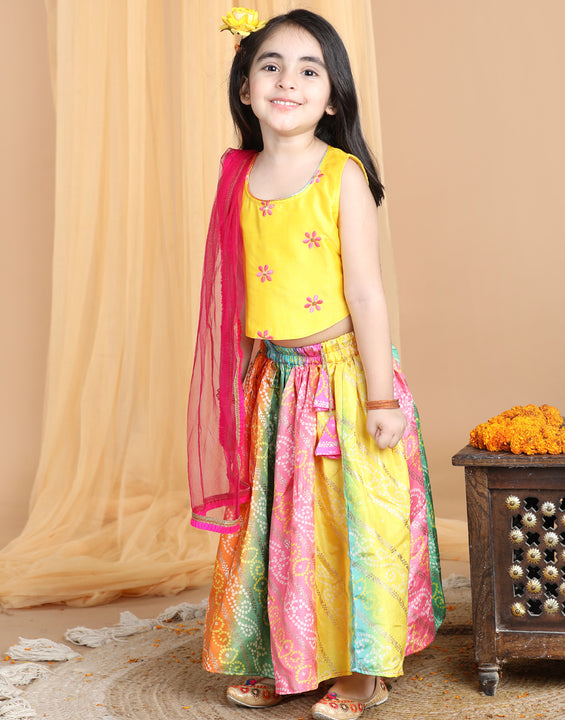 Yellow Top with multi color gold printed lehenga and dupatta