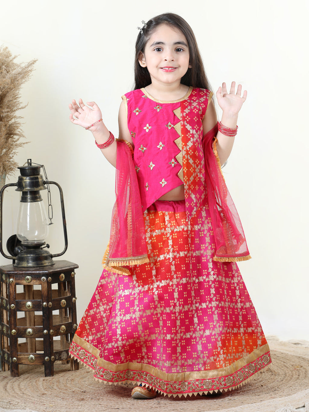 Embroidered Top with gold printed lehenga and dupatta