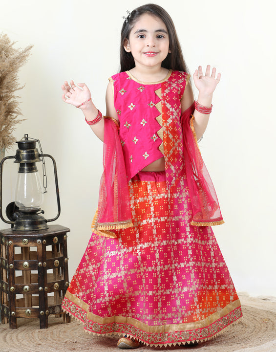 Embroidered Top with gold printed lehenga and dupatta