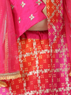 Embroidered Top with gold printed lehenga and dupatta