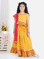Sleeveless Floral Printed Frilled Top With Skirt & Dupatta