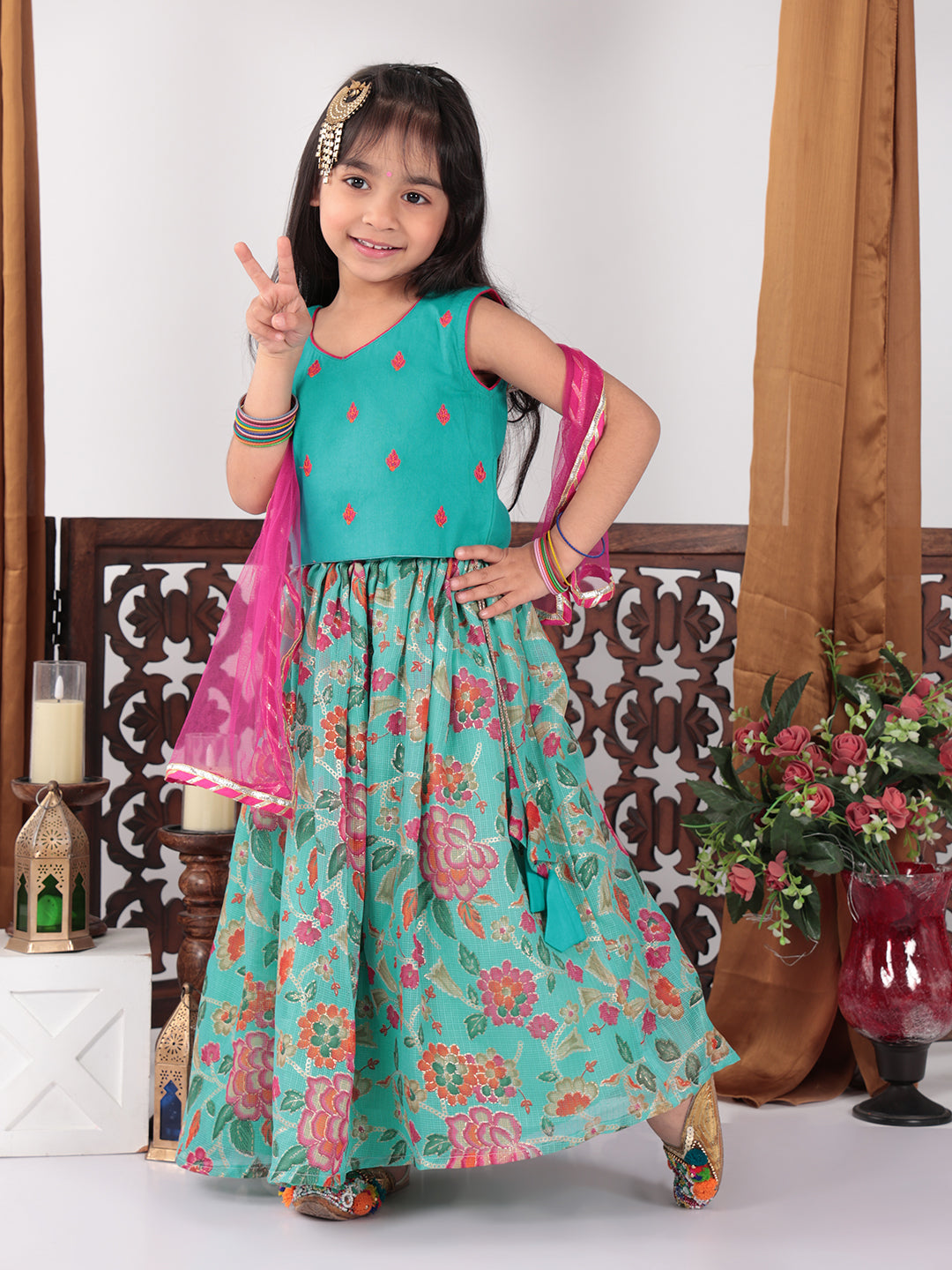 Blue Floral foil printed Lehenga set