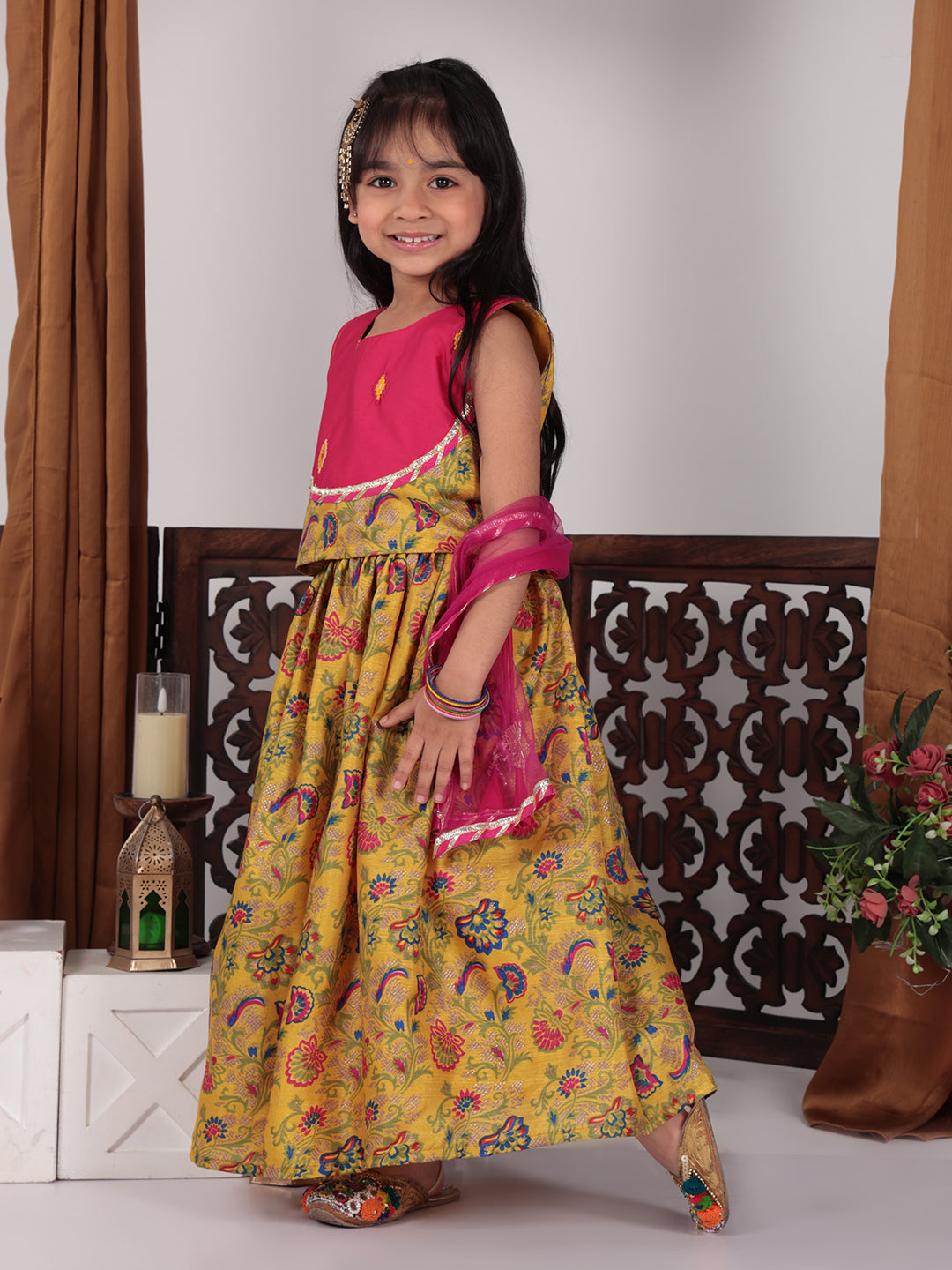 Yellow & Pink Floral foil printed Lehenga set