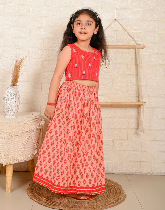 Peach & Red Cotton Lehenga Set