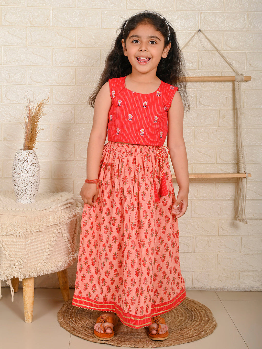 Peach & Red Cotton Lehenga Set