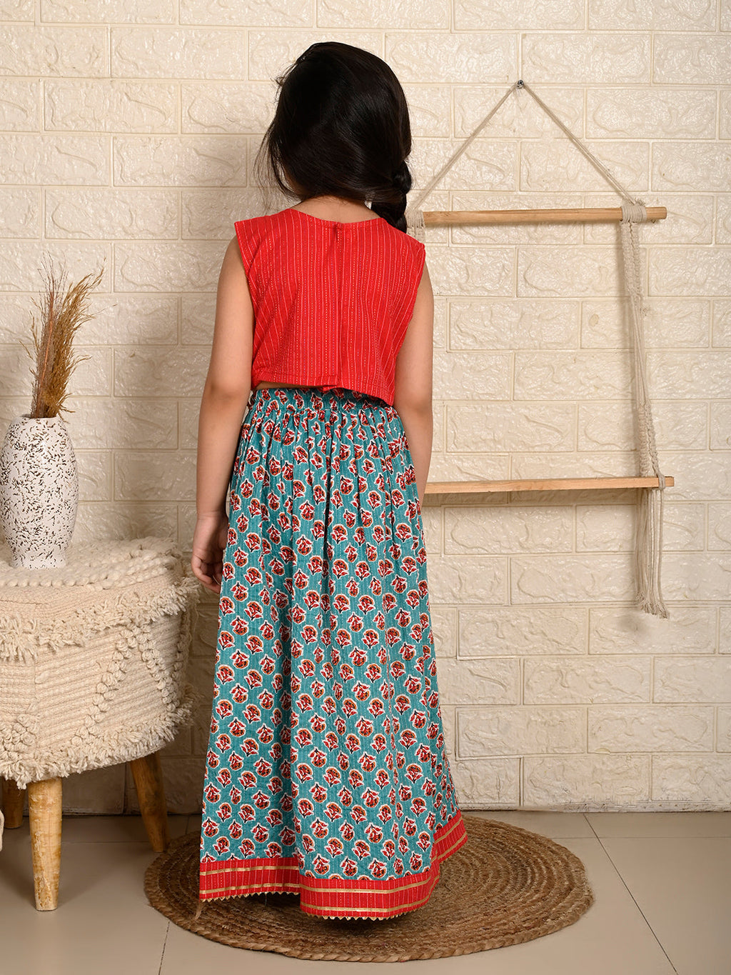 Blue & Red Cotton Lehenga Set