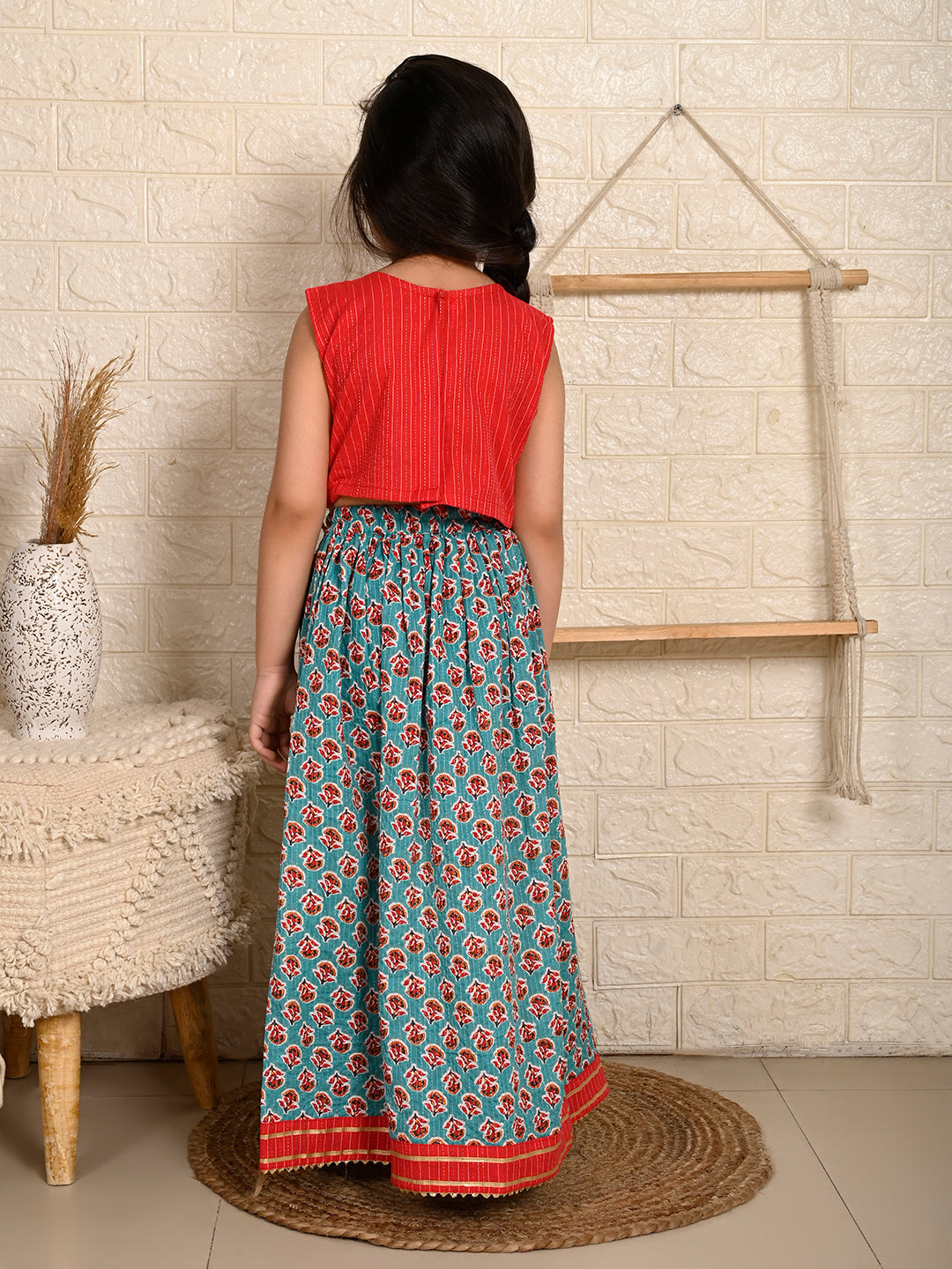 Blue & Red Cotton Lehenga Set