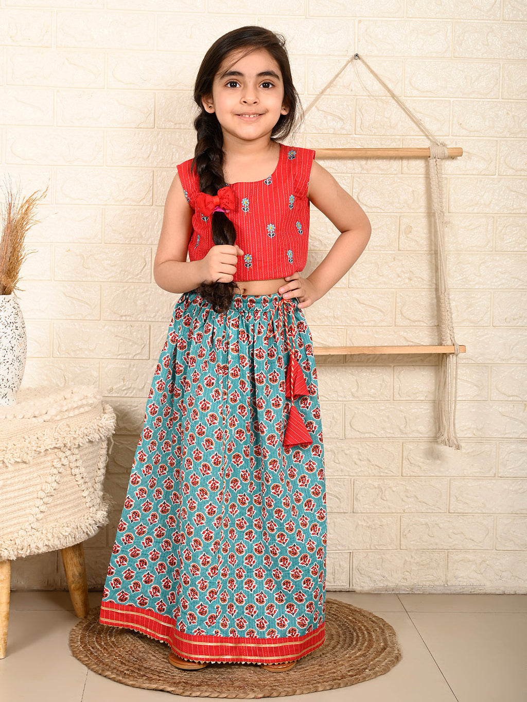 Blue & Red Cotton Lehenga Set