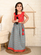 Blue & Red Cotton Lehenga Set