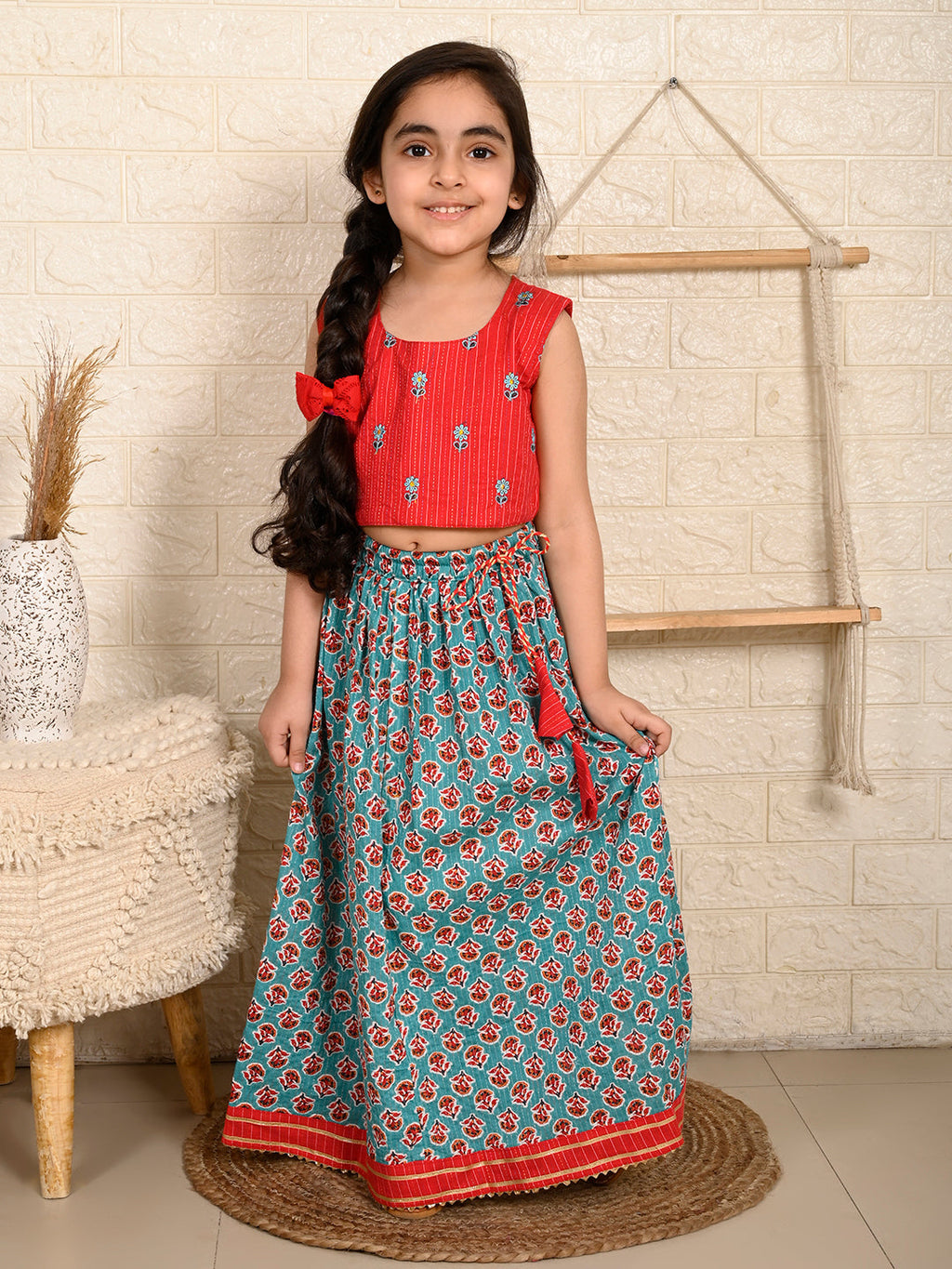 Blue & Red Cotton Lehenga Set