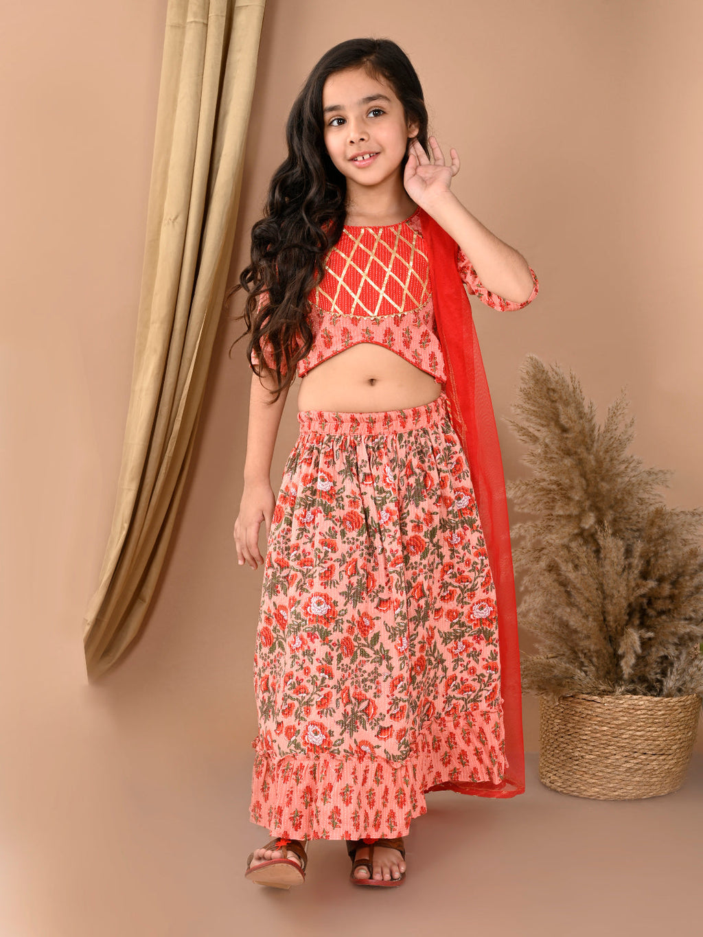 Peach katha printed Lehenga with half sleeves lace work top and dupatta