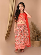 Peach katha printed Lehenga with half sleeves lace work top and dupatta