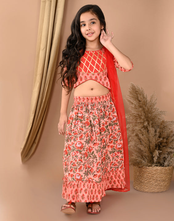 Peach katha printed Lehenga with half sleeves lace work top and dupatta