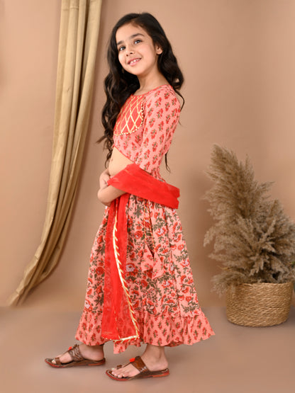 Peach katha printed Lehenga with half sleeves lace work top and dupatta