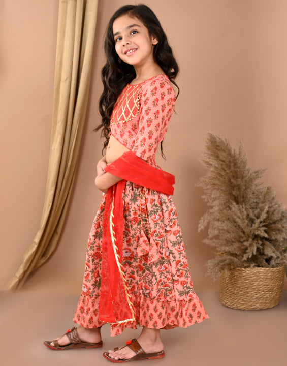 Peach katha printed Lehenga with half sleeves lace work top and dupatta