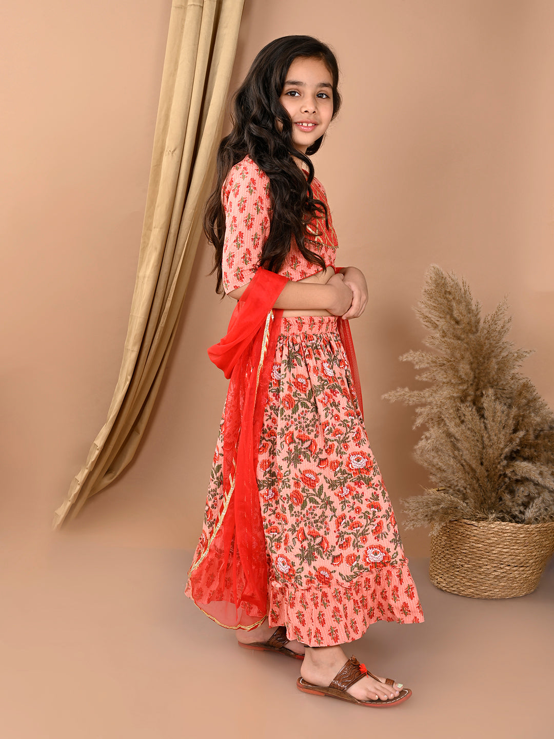 Peach katha printed Lehenga with half sleeves lace work top and dupatta