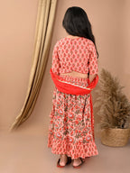 Peach katha printed Lehenga with half sleeves lace work top and dupatta