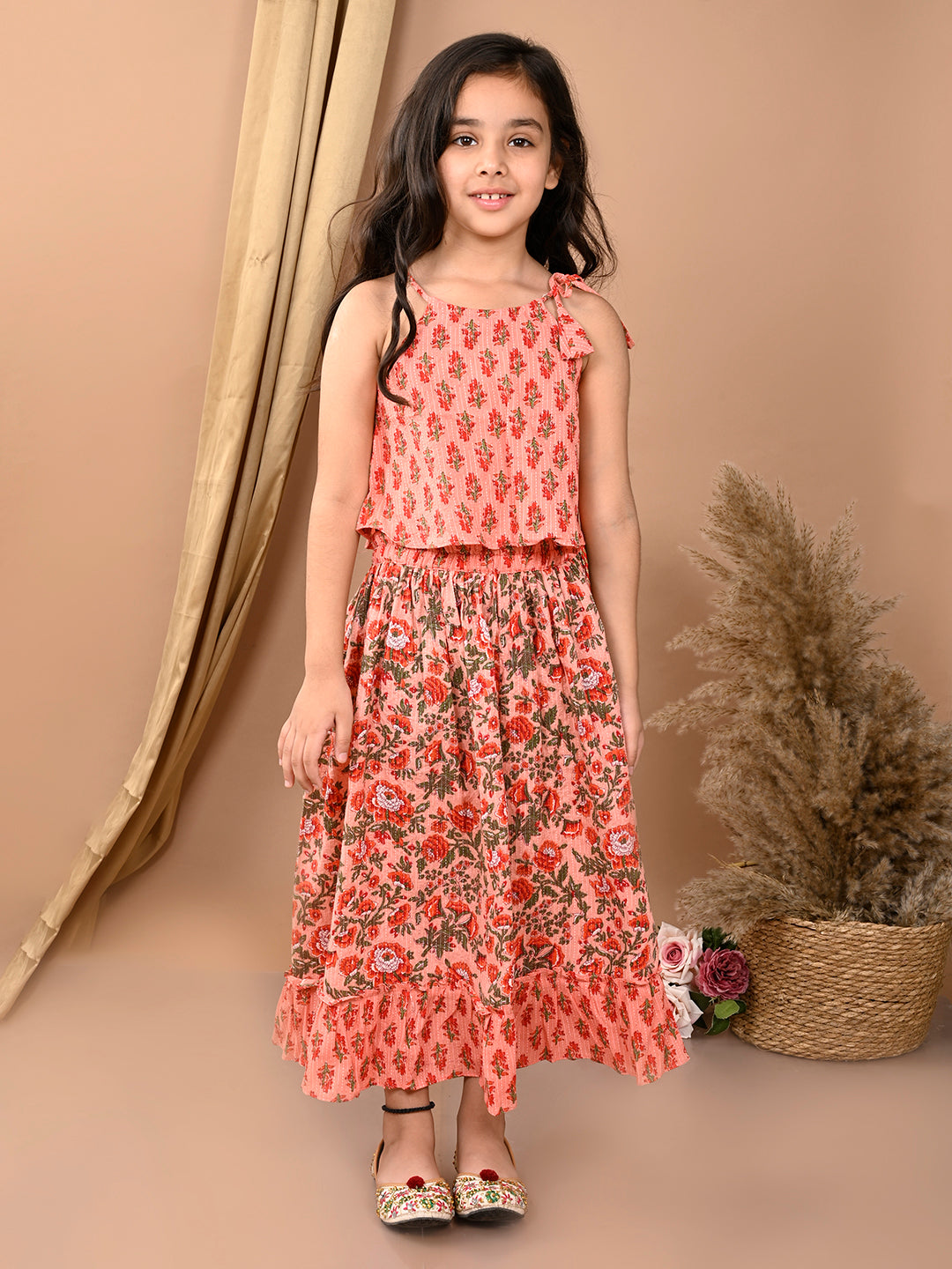 Peach katha printed Lehenga with sleeveless tie on top