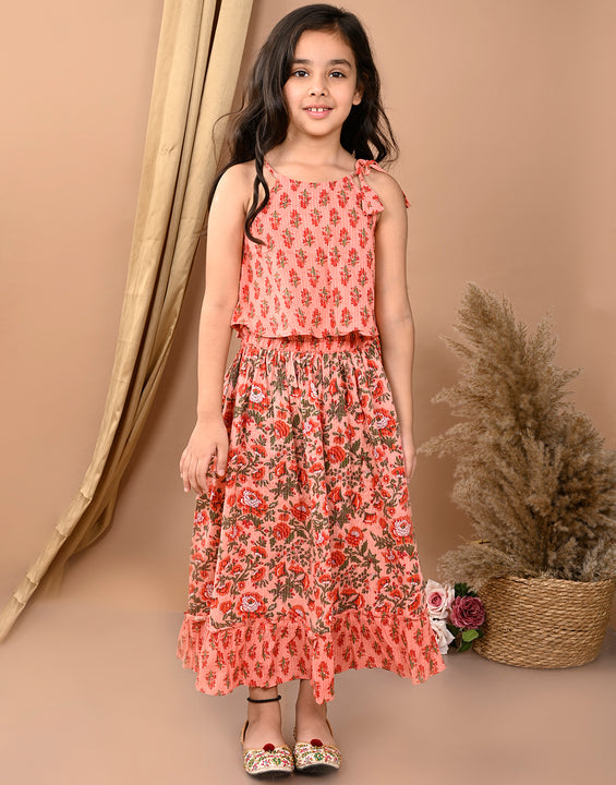 Peach katha printed Lehenga with sleeveless tie on top