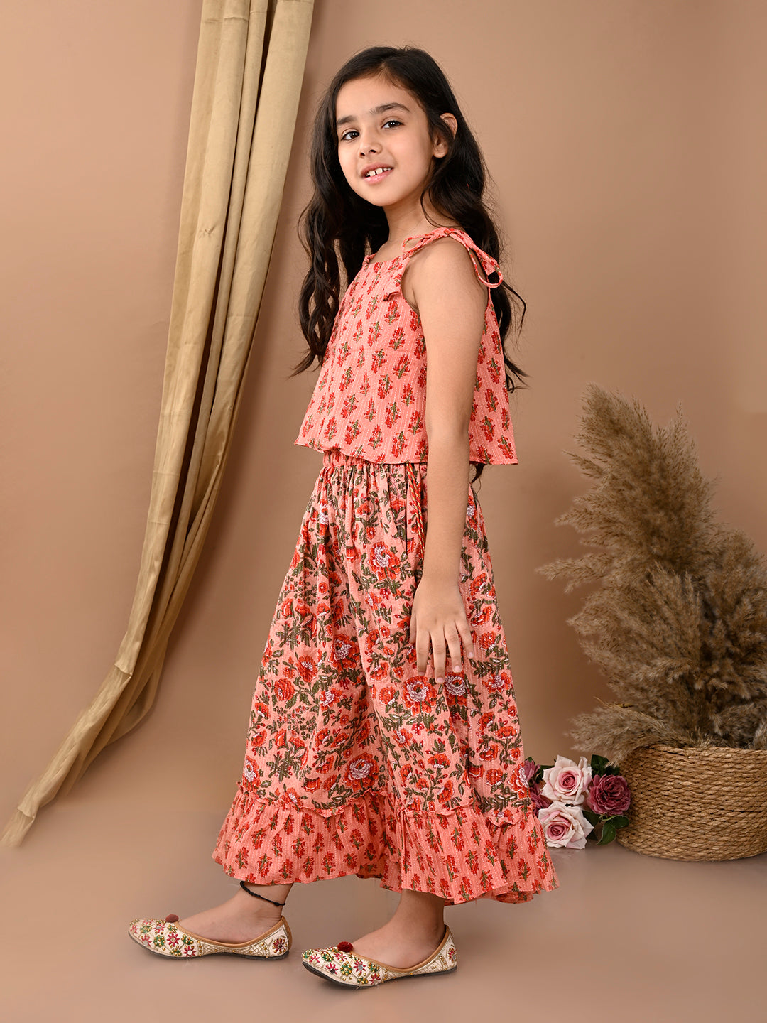 Peach katha printed Lehenga with sleeveless tie on top