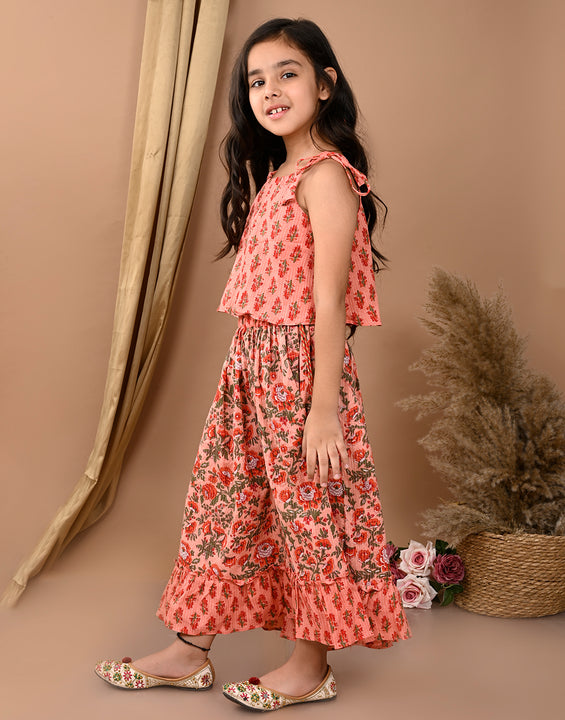 Peach katha printed Lehenga with sleeveless tie on top