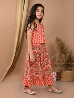 Peach katha printed Lehenga with sleeveless tie on top