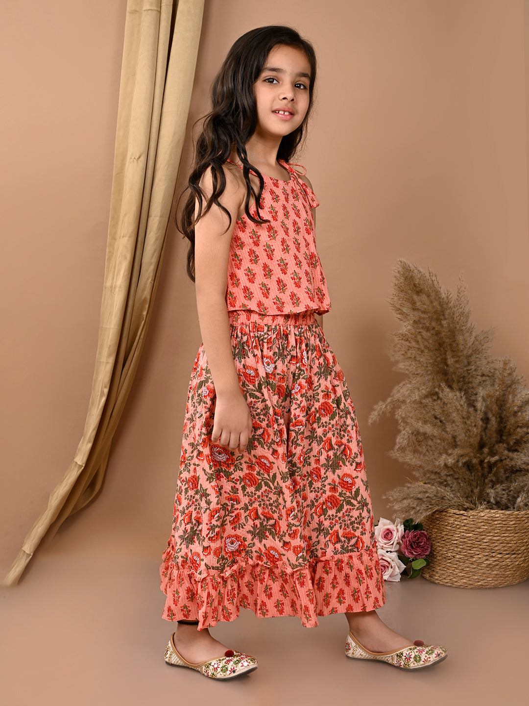 Peach katha printed Lehenga with sleeveless tie on top