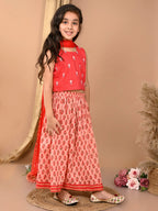 Peach katha floral printed Lehenga with sleeveless embroidered top and dupatta