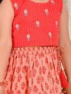 Peach katha floral printed Lehenga with sleeveless embroidered top and dupatta