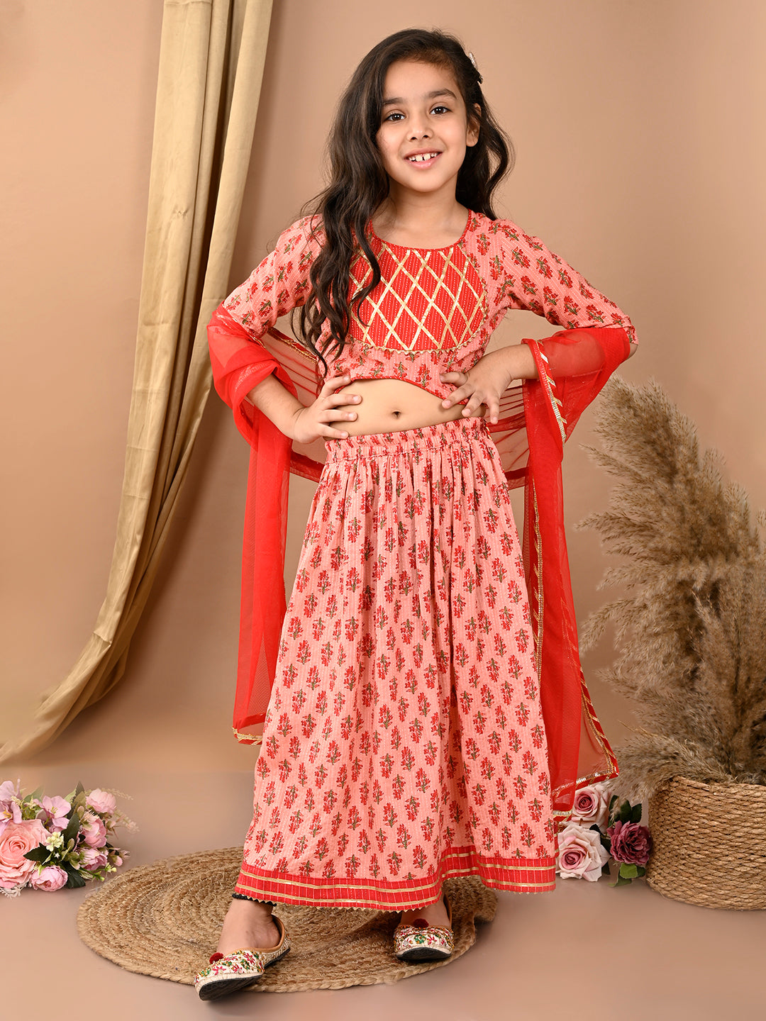 Peach katha floral printed Lehenga with half sleeves lace work top and dupatta