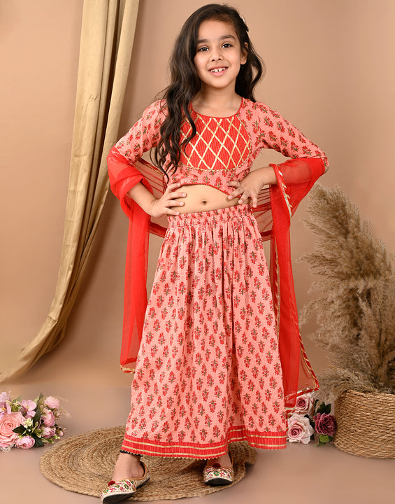 Peach katha floral printed Lehenga with half sleeves lace work top and dupatta