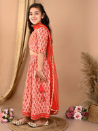 Peach katha floral printed Lehenga with half sleeves lace work top and dupatta