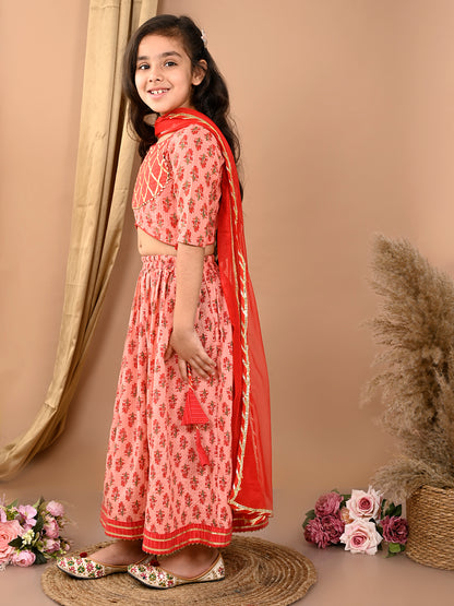 Peach katha floral printed Lehenga with half sleeves lace work top and dupatta