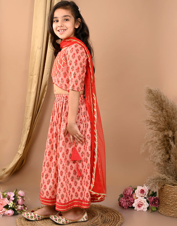 Peach katha floral printed Lehenga with half sleeves lace work top and dupatta