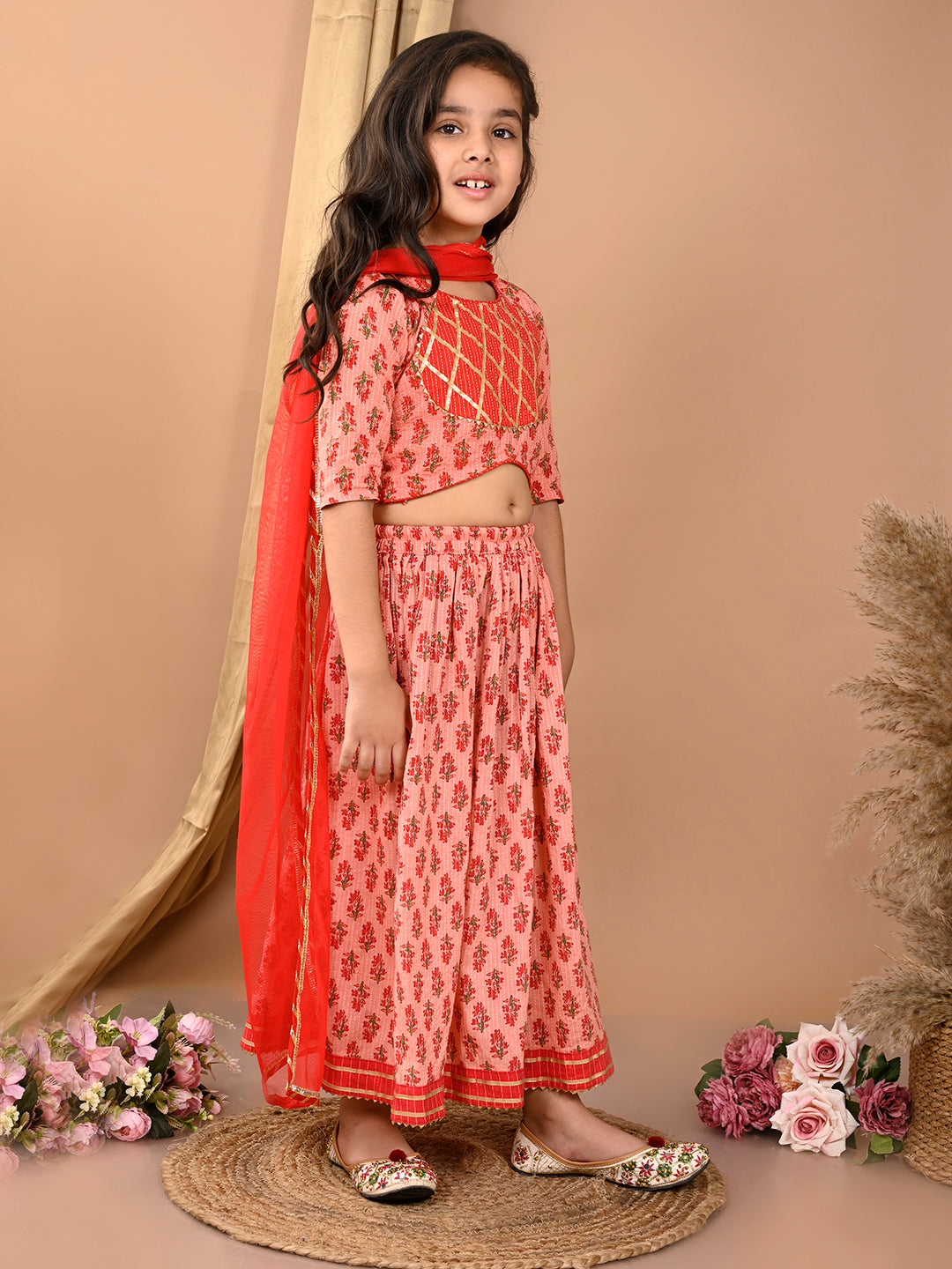 Peach katha floral printed Lehenga with half sleeves lace work top and dupatta