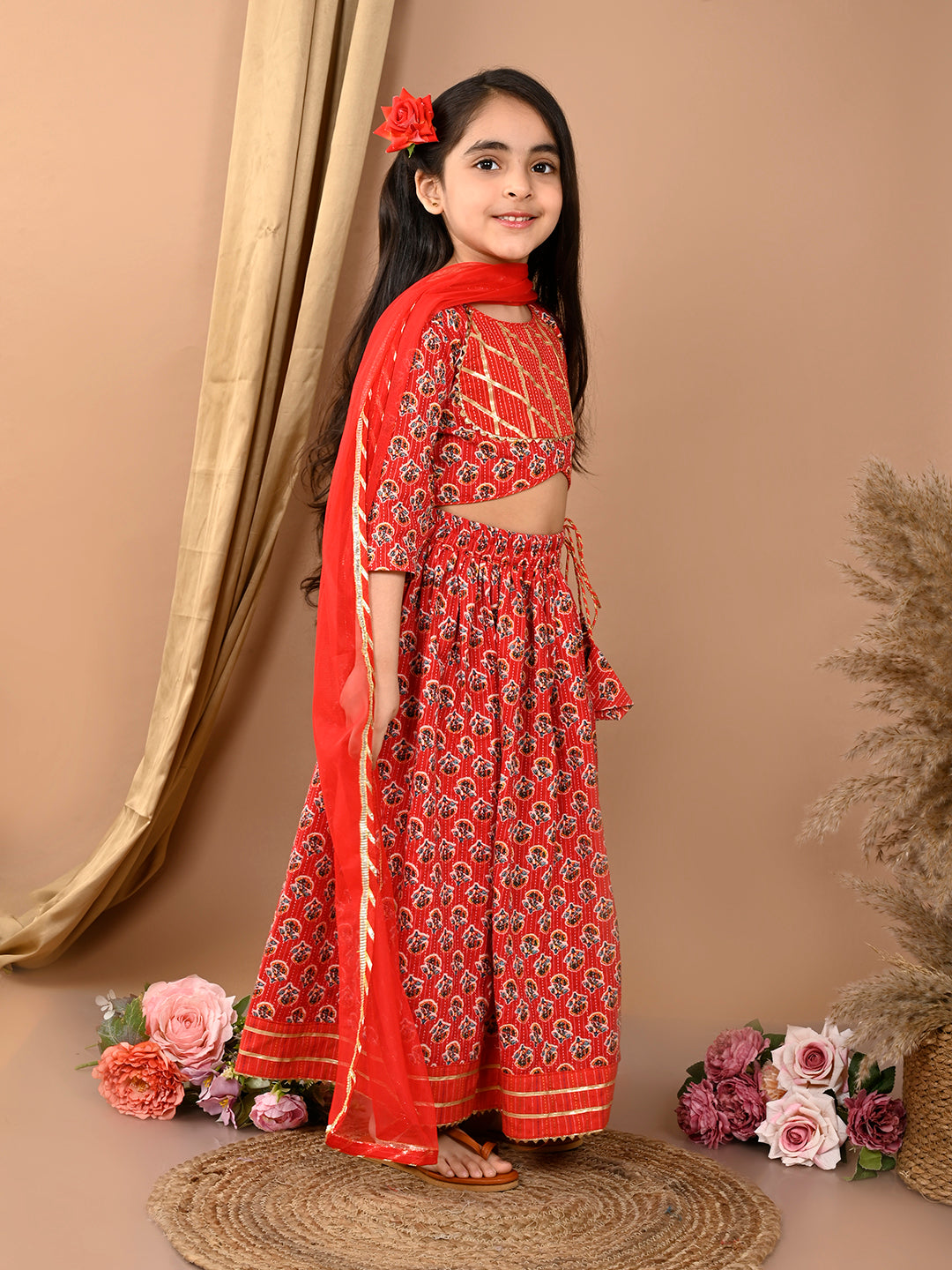 Red katha floral printed Lehenga with half sleeves lace work top and dupatta