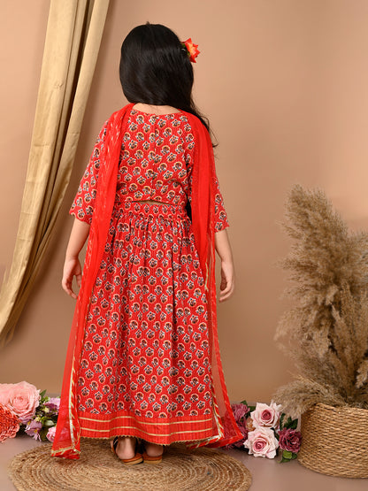 Red katha floral printed Lehenga with half sleeves lace work top and dupatta