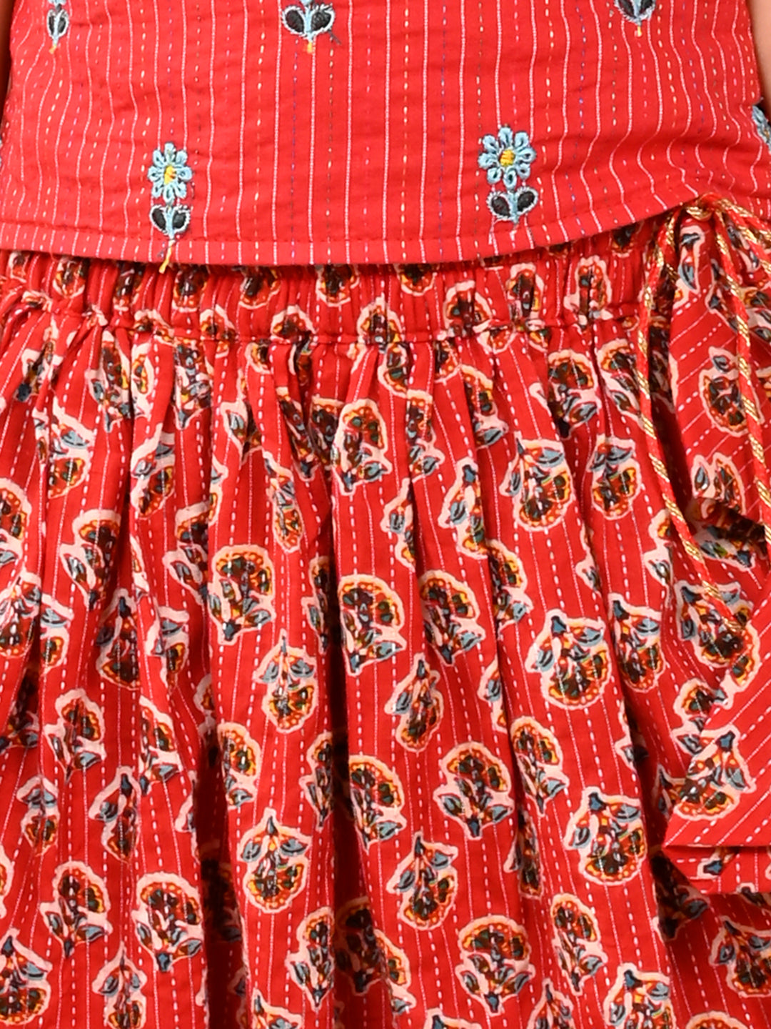 Red katha floral printed Lehenga with sleeveless embroidered top and dupatta