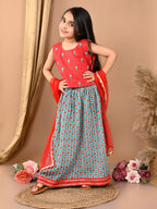 Blue katha floral printed Lehenga with sleeveless embroidered top and dupatta
