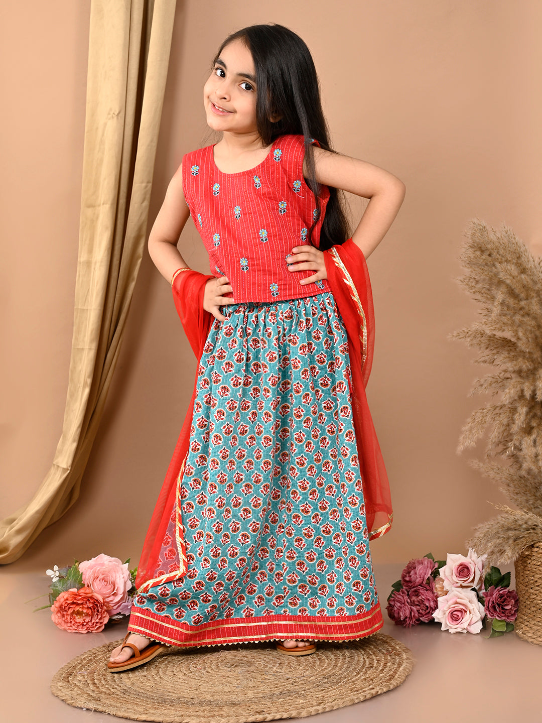 Blue katha floral printed Lehenga with sleeveless embroidered top and dupatta