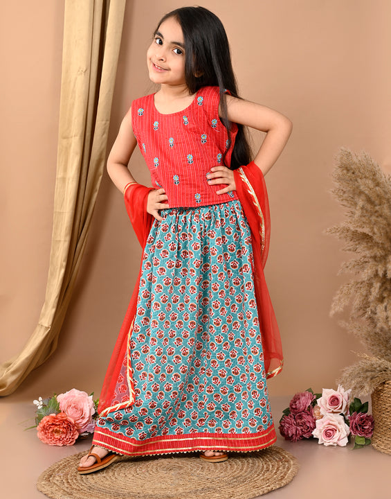 Blue katha floral printed Lehenga with sleeveless embroidered top and dupatta